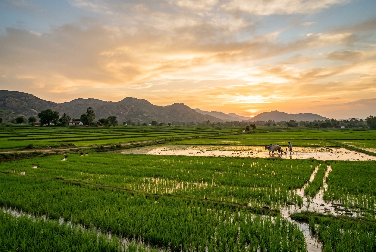 Green paddy fields near Siddipet, Telangana at golden hour